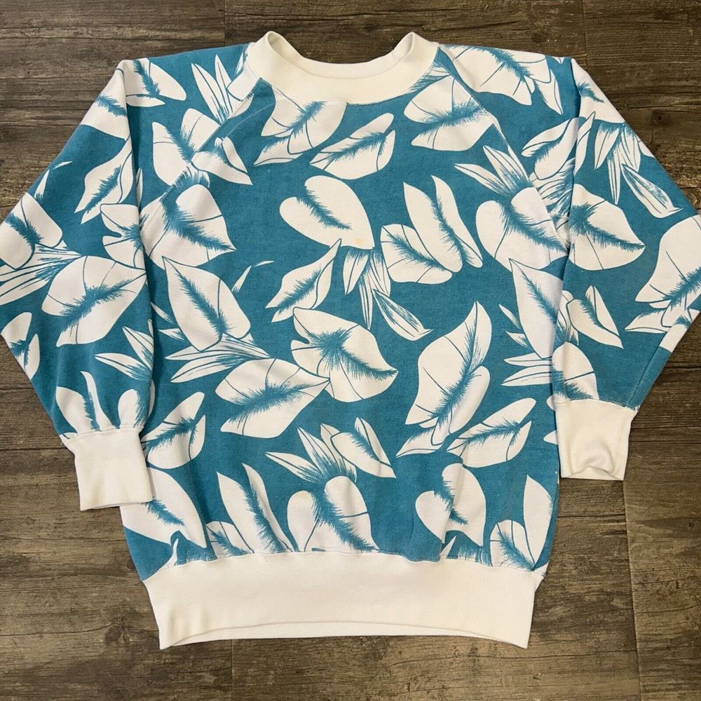 Vintage Floral All Over Print Sweatshirt Women NO SIZE‎ TAG Blue White - Picture 2 of 8